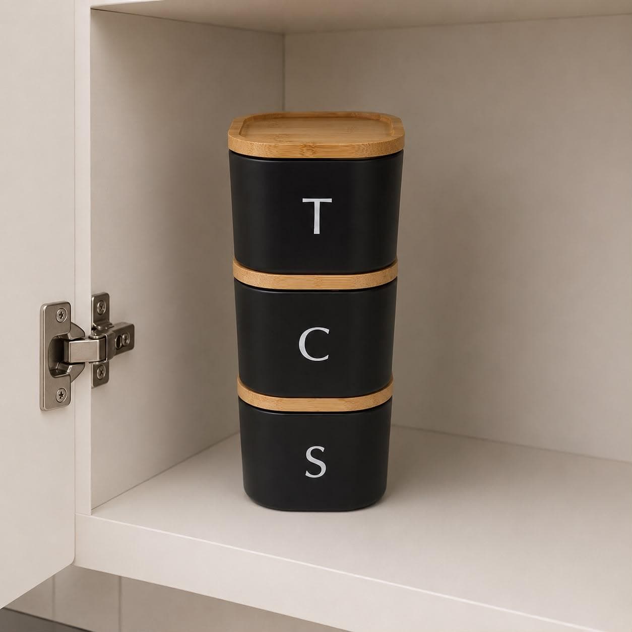 Tea, Coffee & Sugar Storage Set – White Metal Jars with Bamboo Lids 3