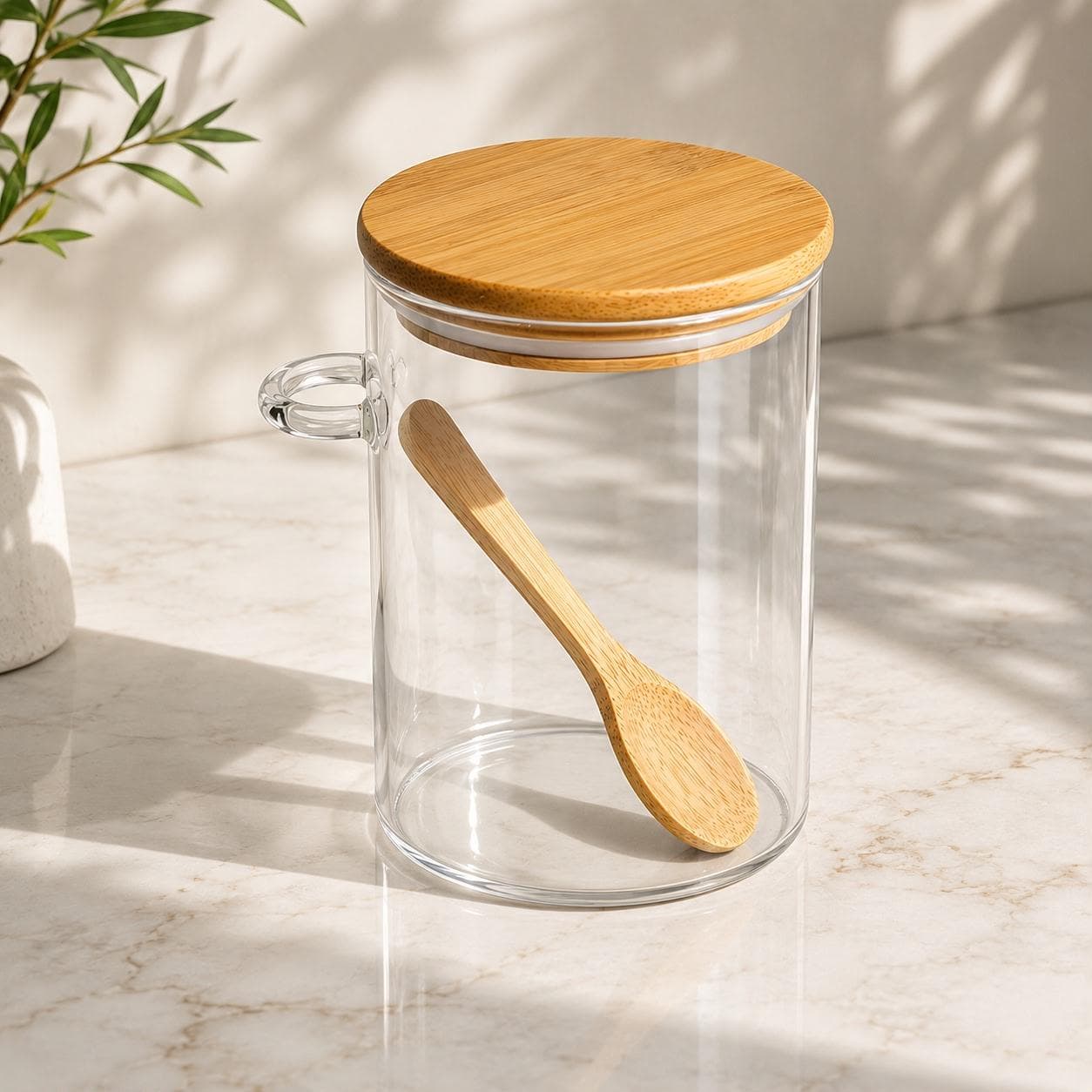 Round Clear Storage Jar with Wooden Lid & Spoon – Size 8.5×15 cm