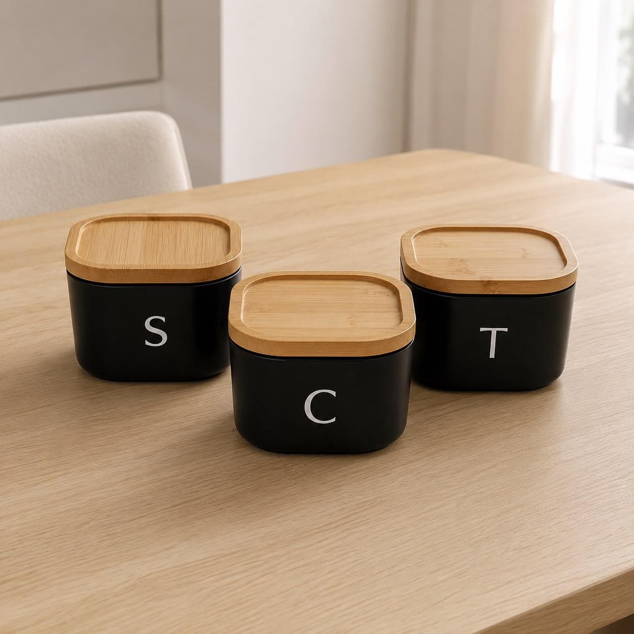 Tea, Coffee & Sugar Storage Set – White Metal Jars with Bamboo Lids 2