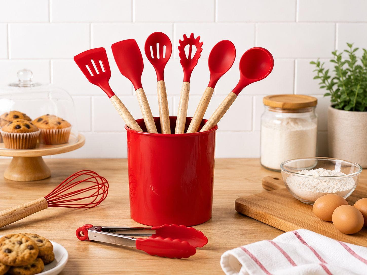 Silicone Kitchen Utensil Set with Wooden Handles & Holder 2