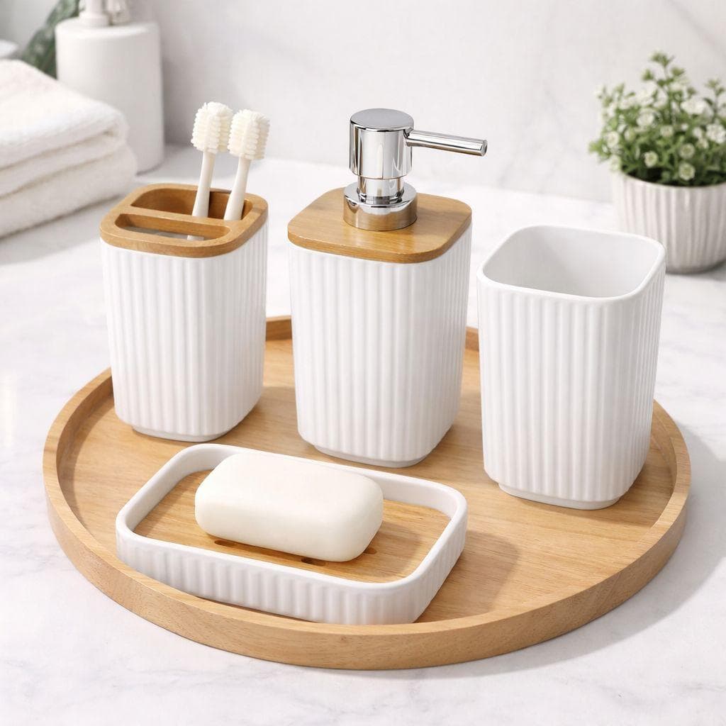 Ribbed White Bathroom Accessories Set 4 PCS 2