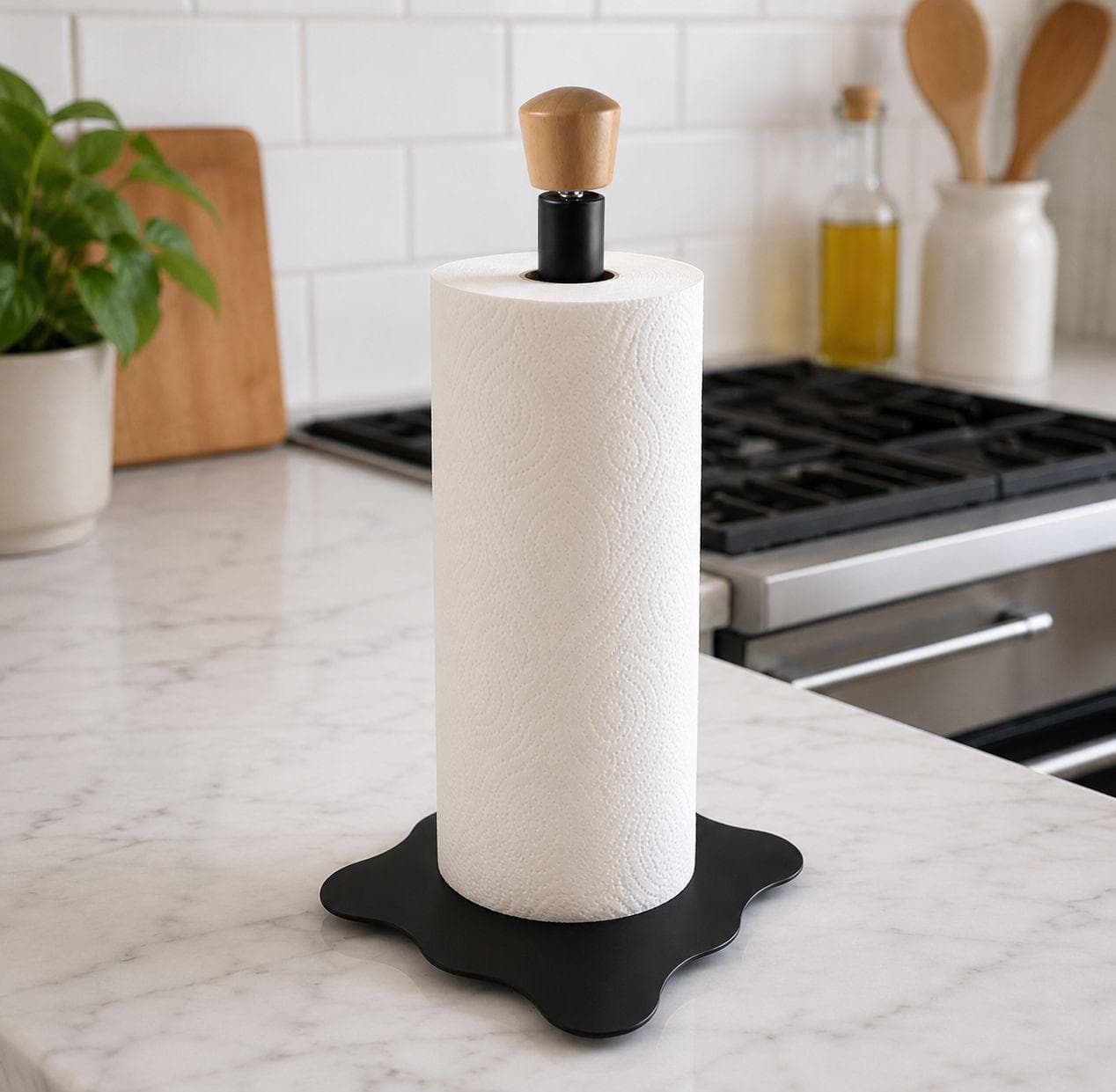 Black Metal Kitchen Paper Towel Holder with Wooden Base 2
