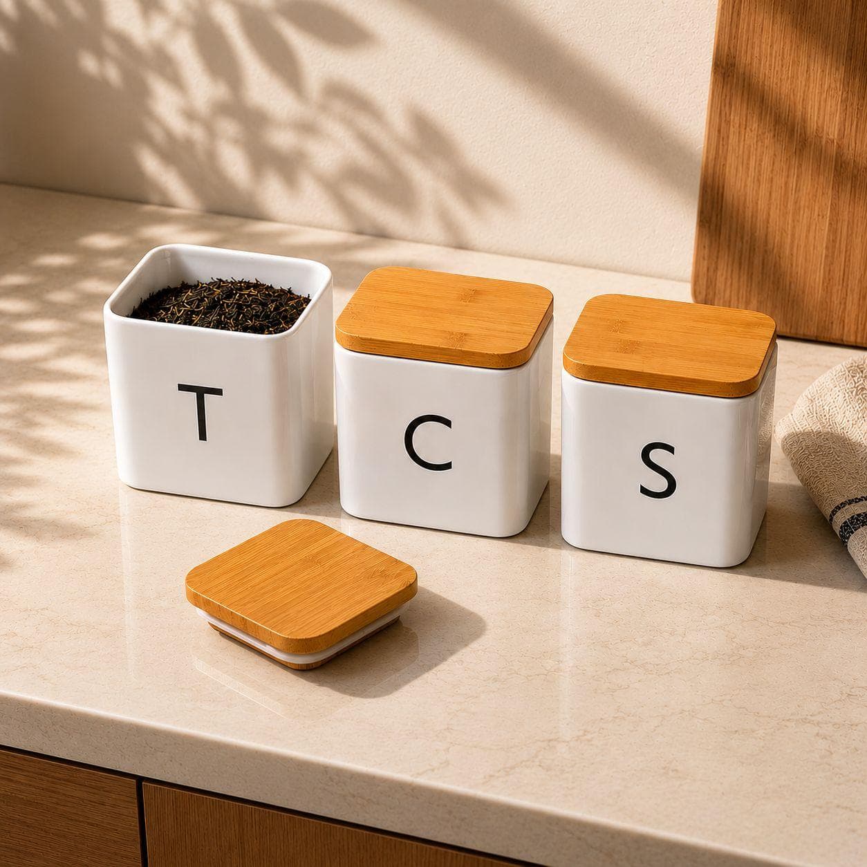 Tea, Coffee & Sugar Storage Set – White Metal Jars with Bamboo Lids 2
