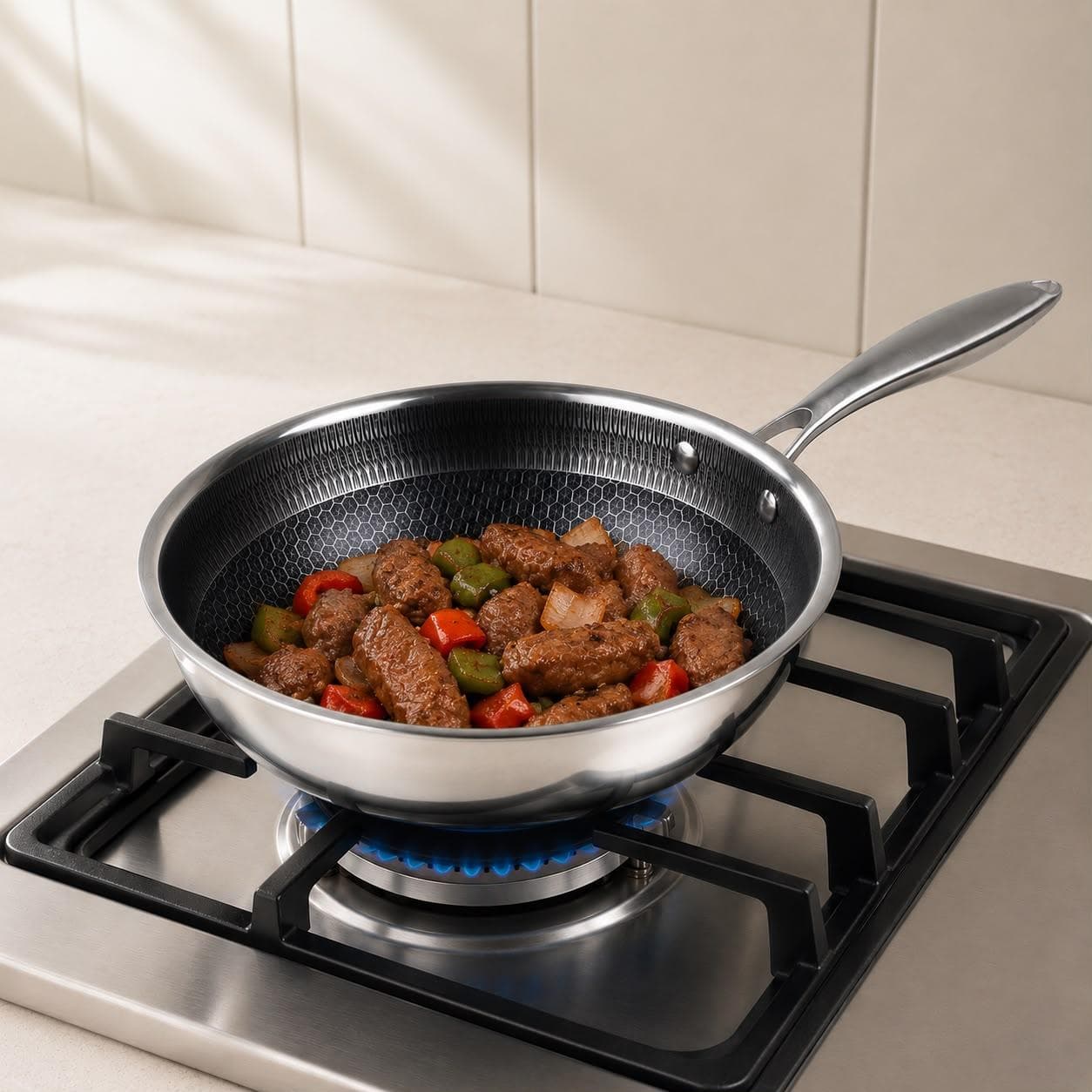 Tri-ply stainless steel pan without lid, Size 24 × 7.5 cm, suitable for frying and cooking. 2