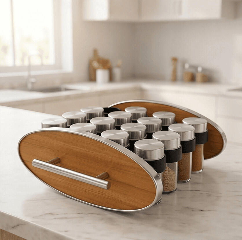 Rotating Stainless Steel Spice Rack – Wooden Base & Top with 12 Clear Jars