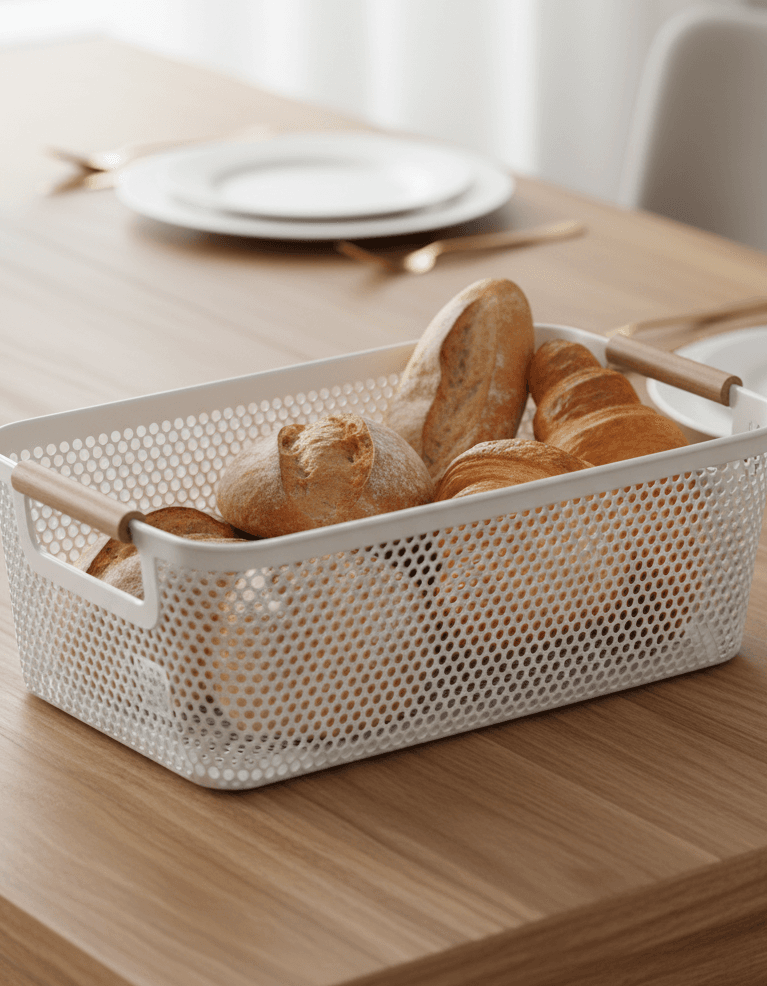 Rectangular Plastic Storage Basket with Wooden Handles