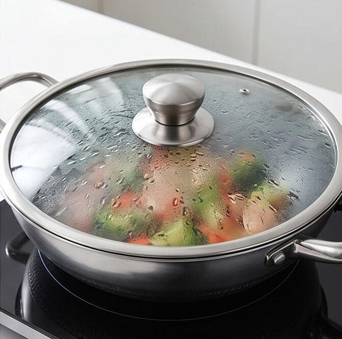 Stainless steel pan with side handles and lid, Size  26 × 8 cm, suitable for everyday cooking.