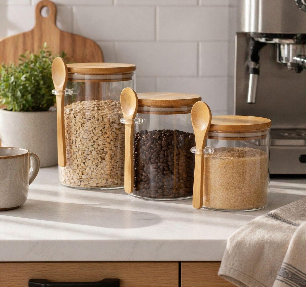 Round Clear Storage Jar with Wooden Lid & Spoon – Size 8.5×15 cm 2