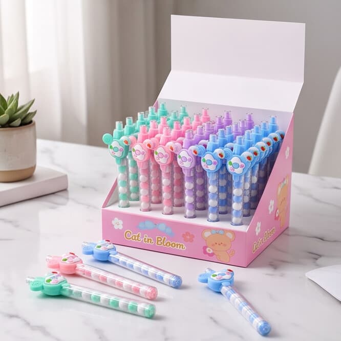 A charming pen featuring a cute cartoon topper and soft purple feathers. Perfect for school, gifts, or daily use — stylish and fun!