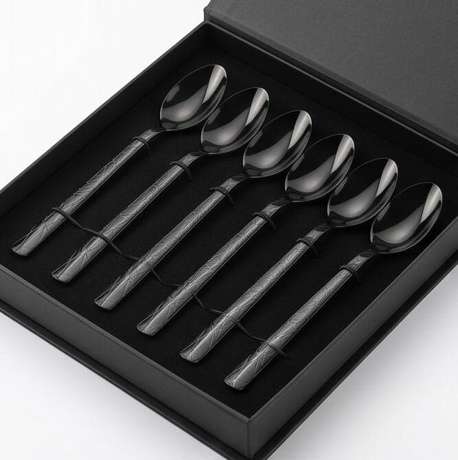 6 black titanium teaspoons with laser pattern, suitable for beverages.