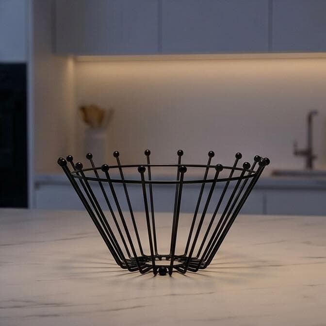 Black Metal Fruit Basket – Modern Design with Decorative Ball Ends
