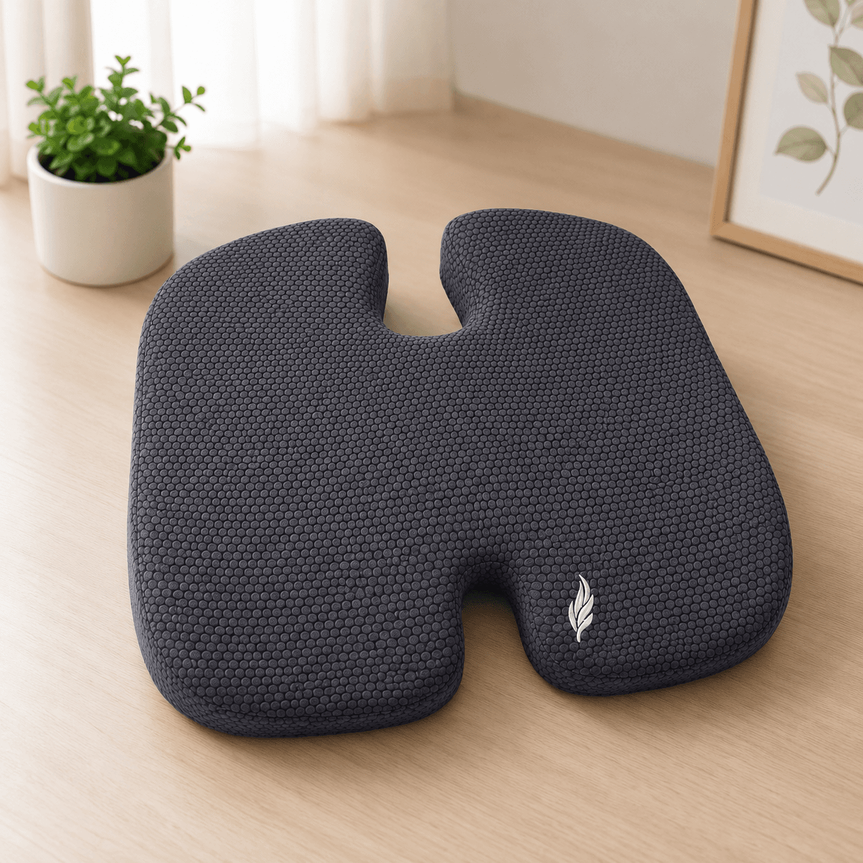 Comfortable seat cushion with a supportive design, helps distribute pressure during long sitting