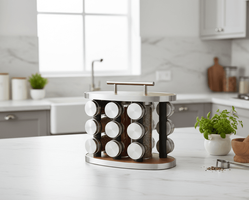 Rotating Stainless Steel Spice Rack – Wooden Base & Top with 12 Clear Jars