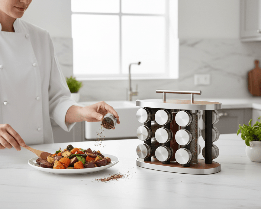 Rotating Stainless Steel Spice Rack – Wooden Base with 12 Clear Jars 5