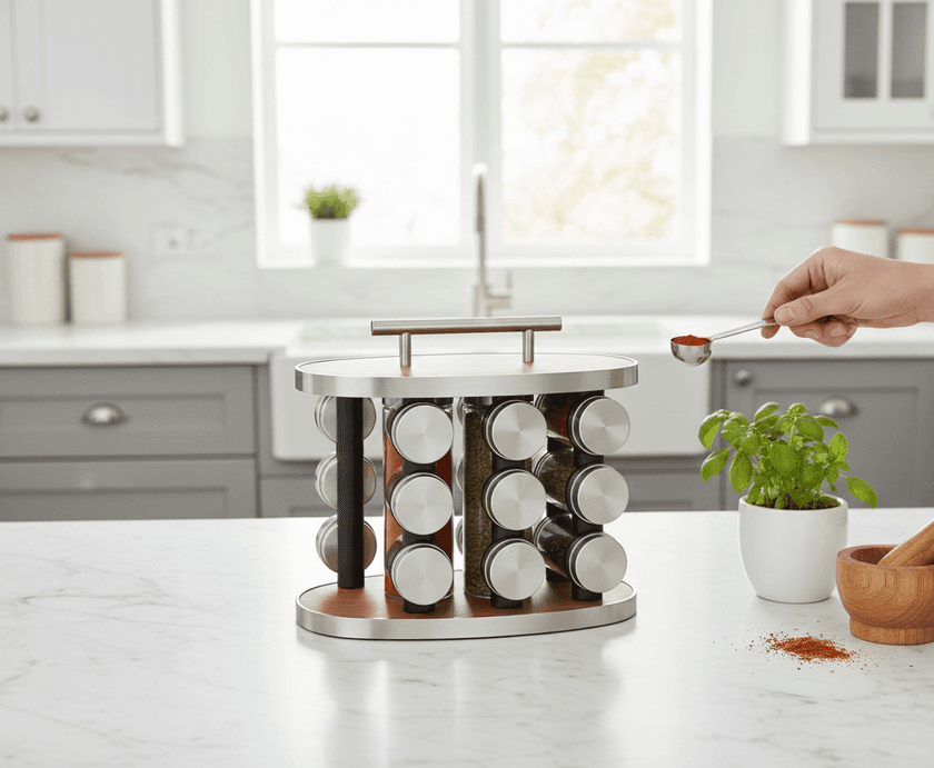 Rotating Stainless Steel Spice Rack – Wooden Base & Top with 12 Clear Jars 2