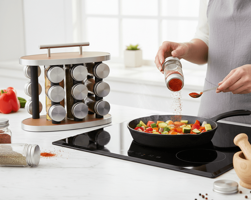 Rotating Stainless Steel Spice Rack – Wooden Base & Top with 12 Clear Jars 5