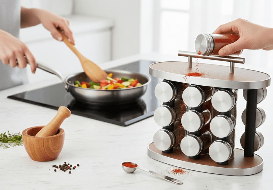 Rotating Stainless Steel Spice Rack – Wooden Base & Top with 12 Clear Jars 3