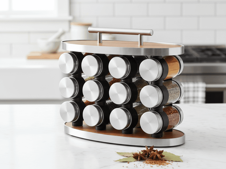 Rotating Stainless Steel Spice Rack – Wooden Base with 12 Clear Jars 2