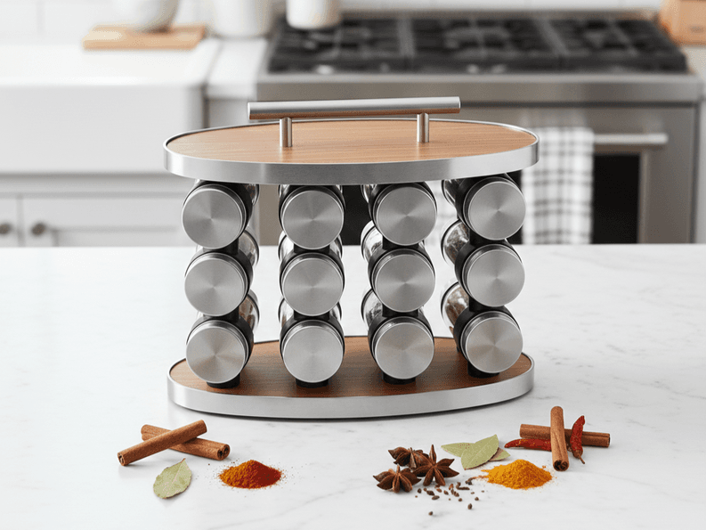 Rotating Stainless Steel Spice Rack – Wooden Base with 12 Clear Jars 4