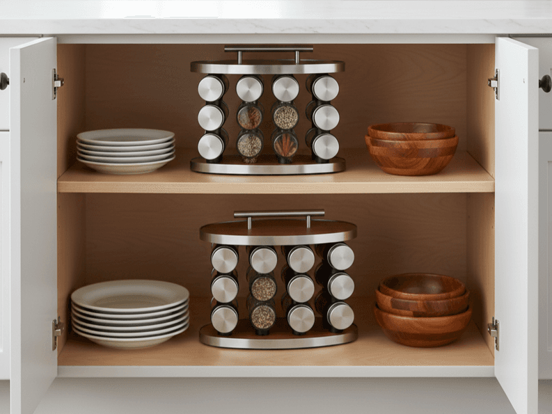 Rotating Stainless Steel Spice Rack – Wooden Base with 12 Clear Jars 3