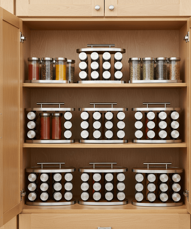 Rotating Stainless Steel Spice Rack – Wooden Base & Top with 12 Clear Jars 4