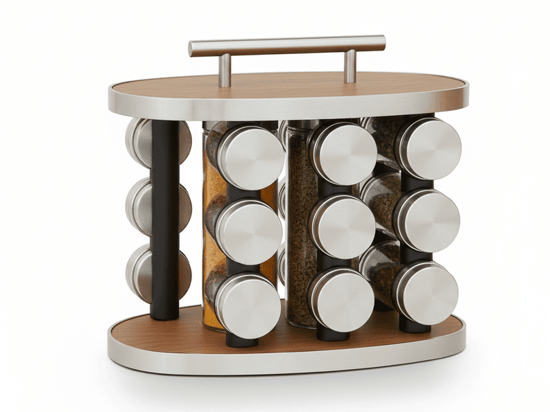 Rotating Stainless Steel Spice Rack – Wooden Base with 12 Clear Jars